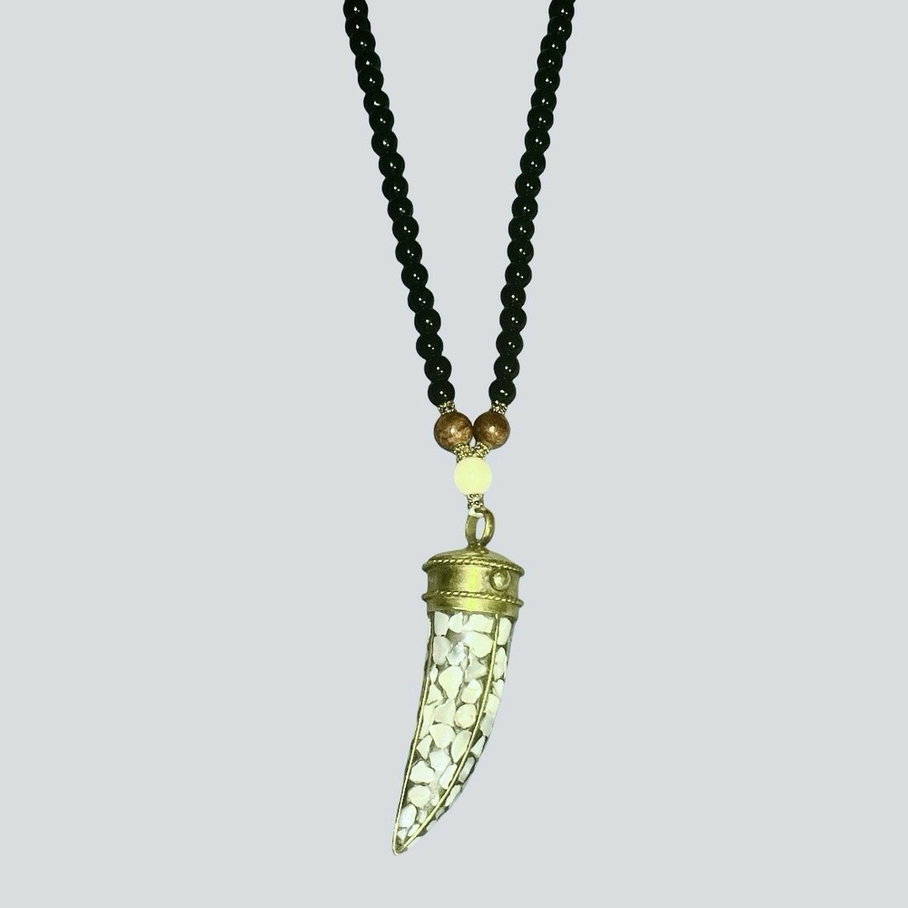 Tibetan‎ Mother of Pearl Mosaic Horn Pendant Necklace Beaded Boho Gold 30in